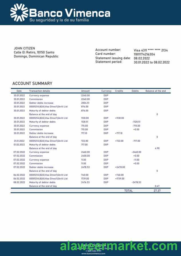 Dominican Republic Banco Vimenca bank statement